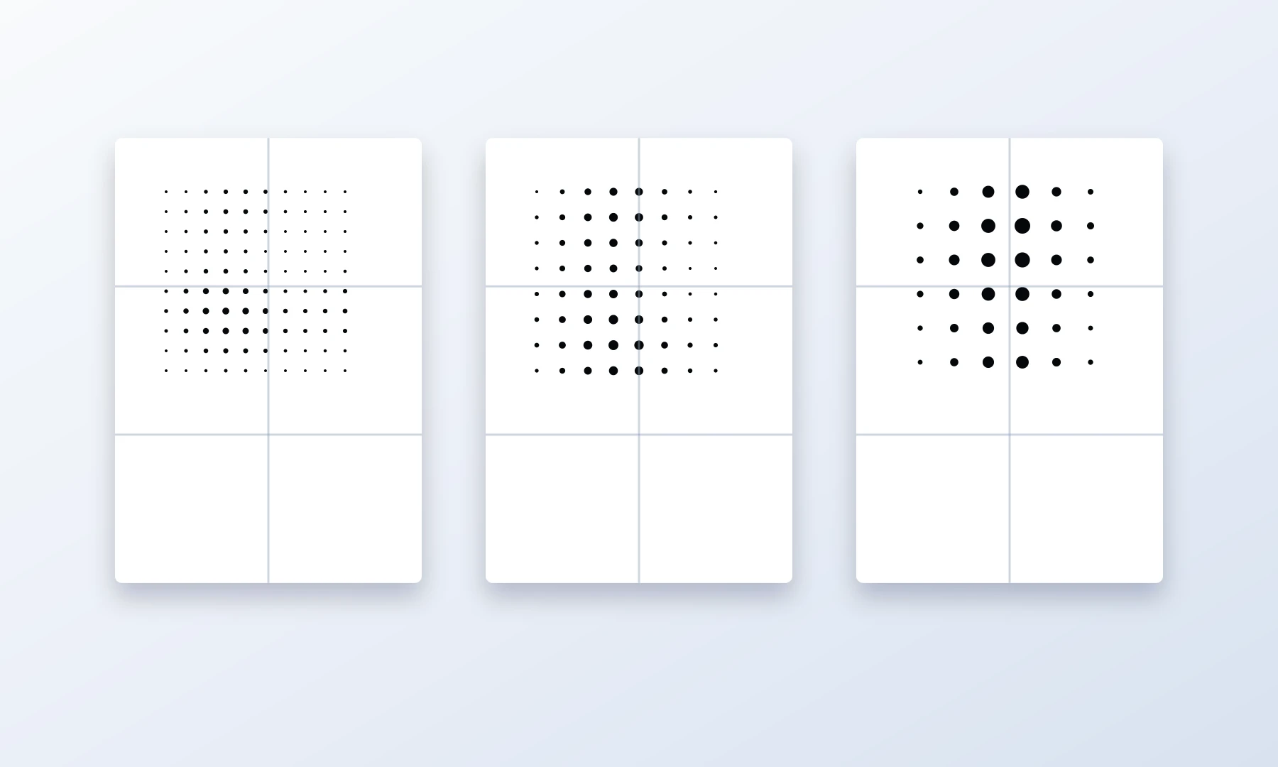 Hetzelfde portret omgezet met kleine, middelgrote en grote halftone-punten.