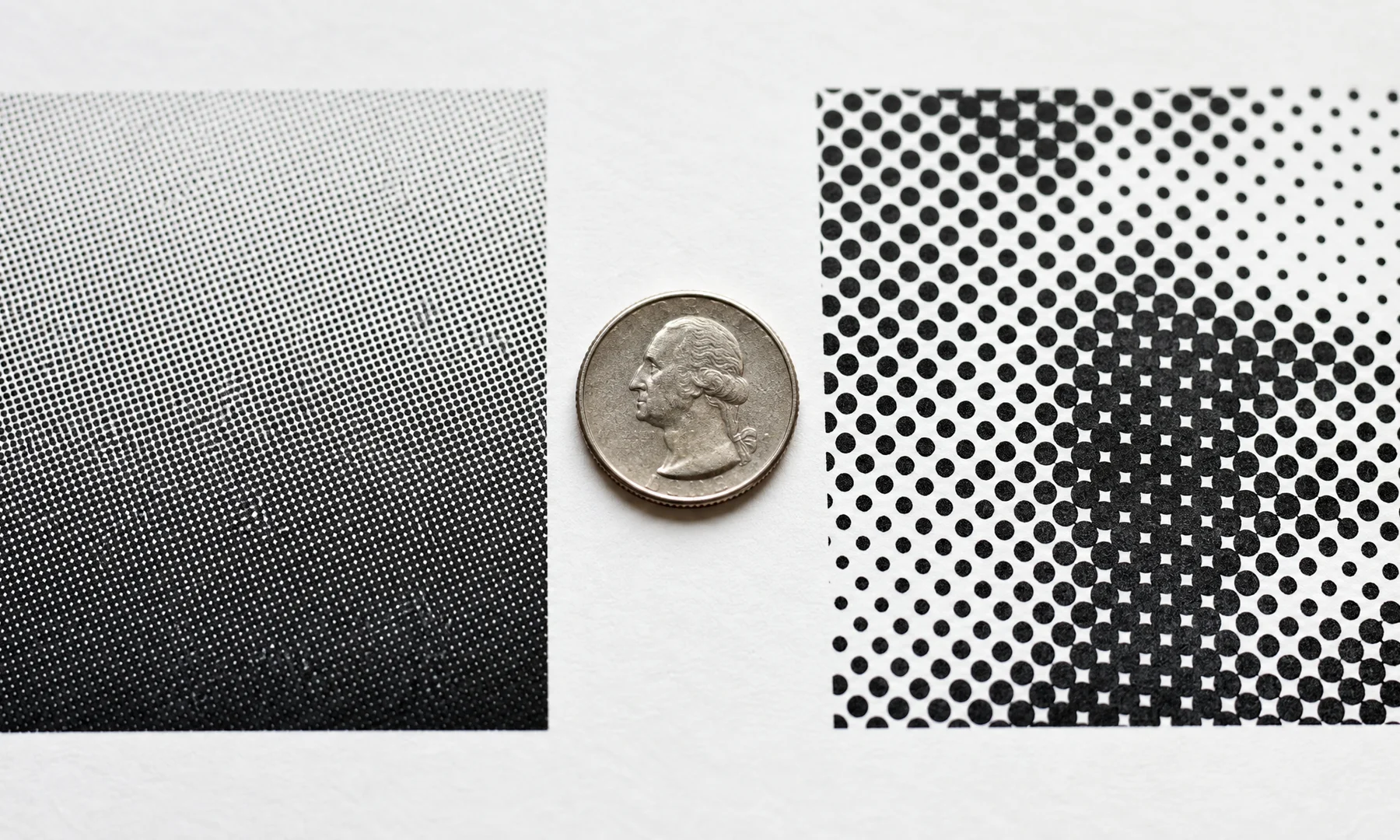 Grid size comparison for a classic black-and-white halftone poster across tiled sheets.