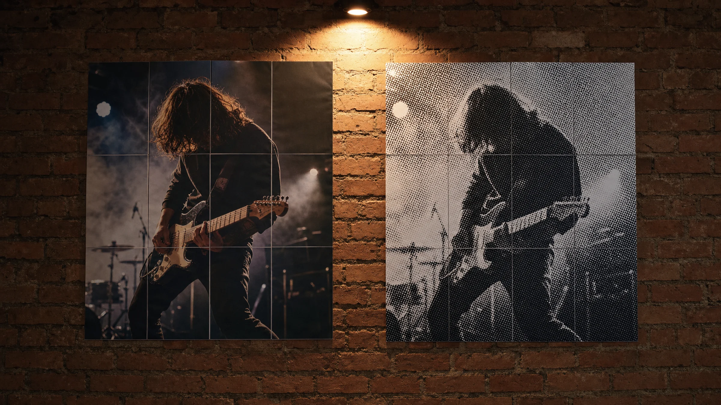 Stil karşılaştırması için pürüzsüz gri tonlamalı poster baskısının yanında siyah-beyaz halftone portre posteri.