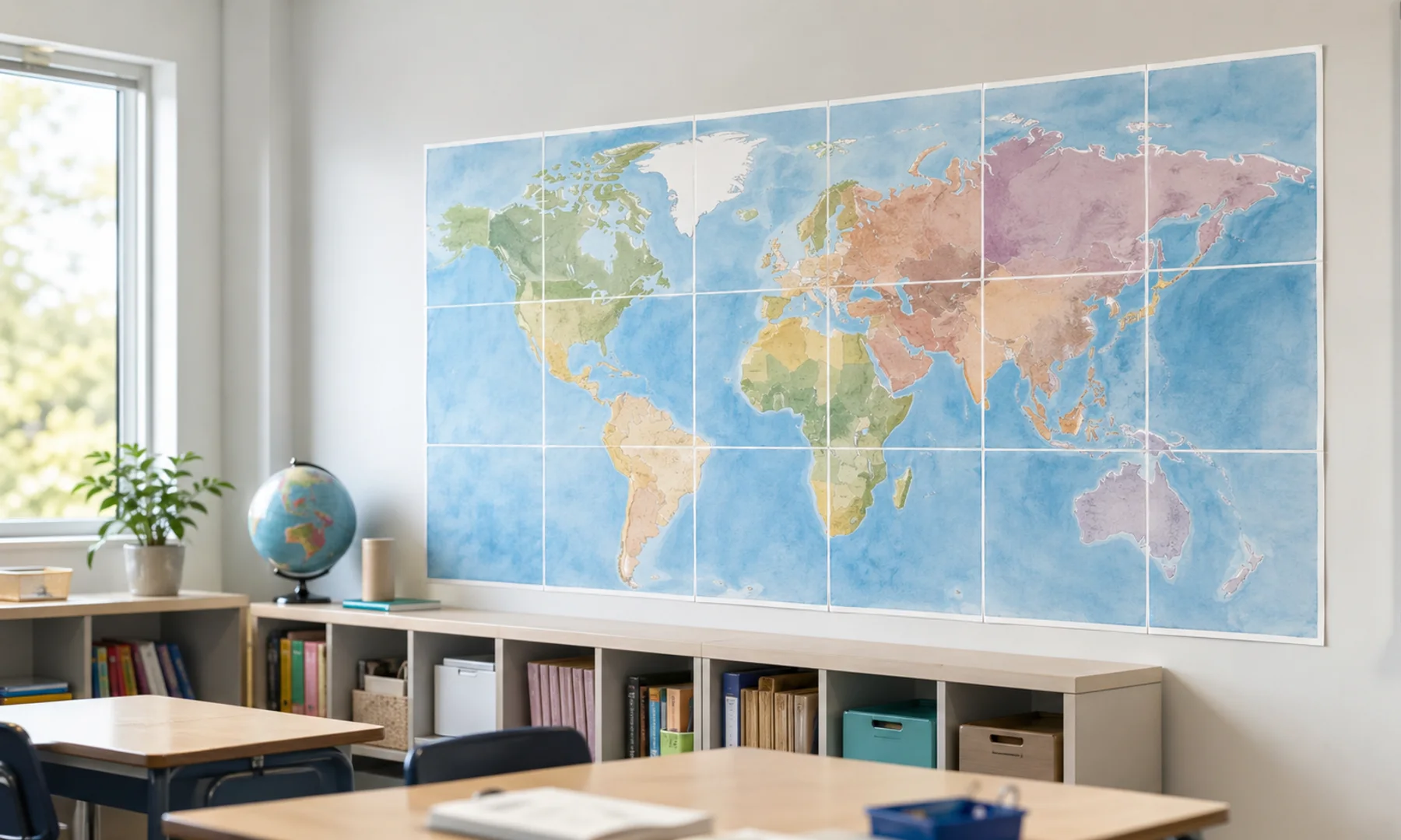 A tiled world map poster mounted on a classroom wall above low shelves.