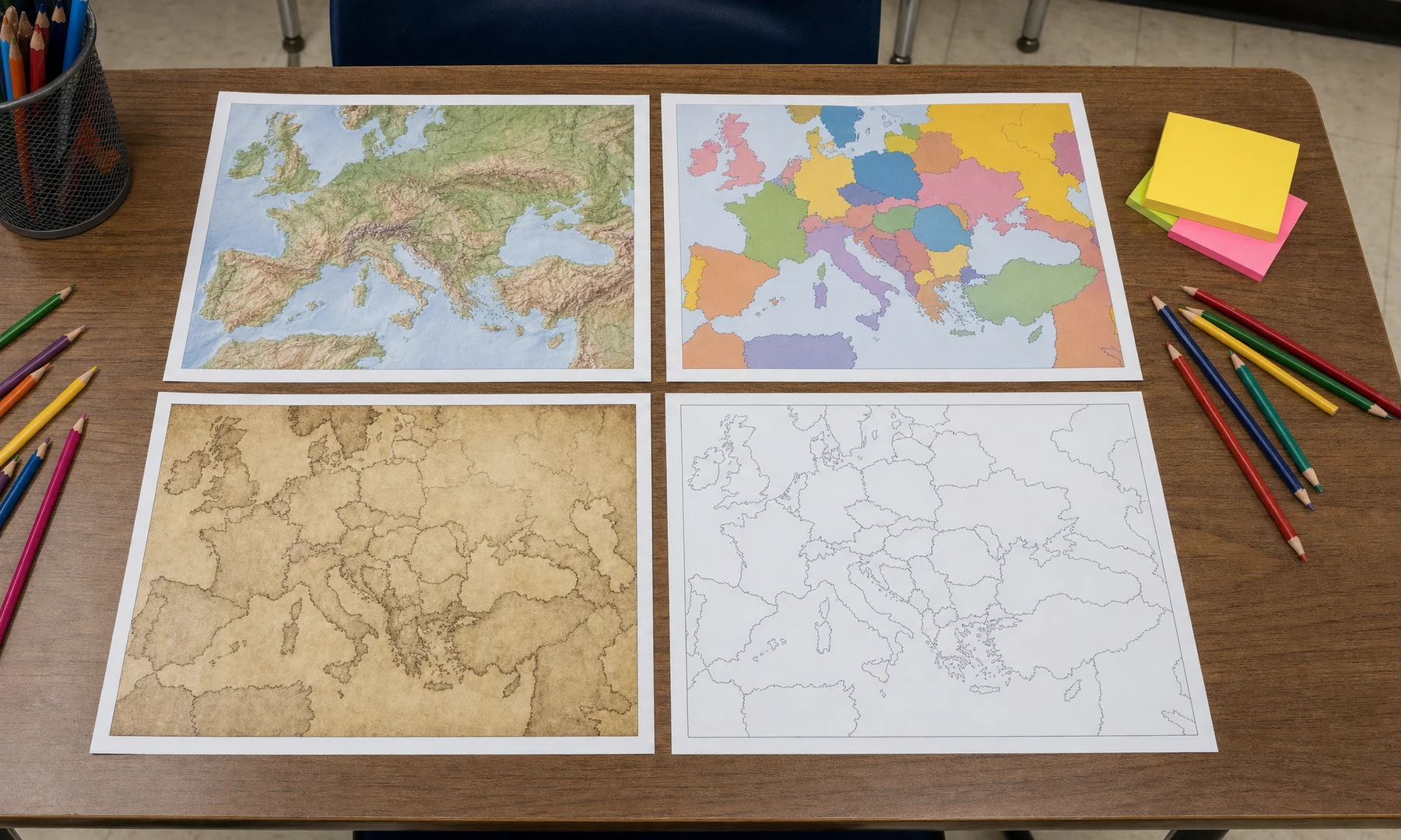 Ideenraster für Weltkarten-Poster mit Vergleich von Kartenstilen, Beschriftungsdichte und Seitenlayouts fürs Klassenzimmer.