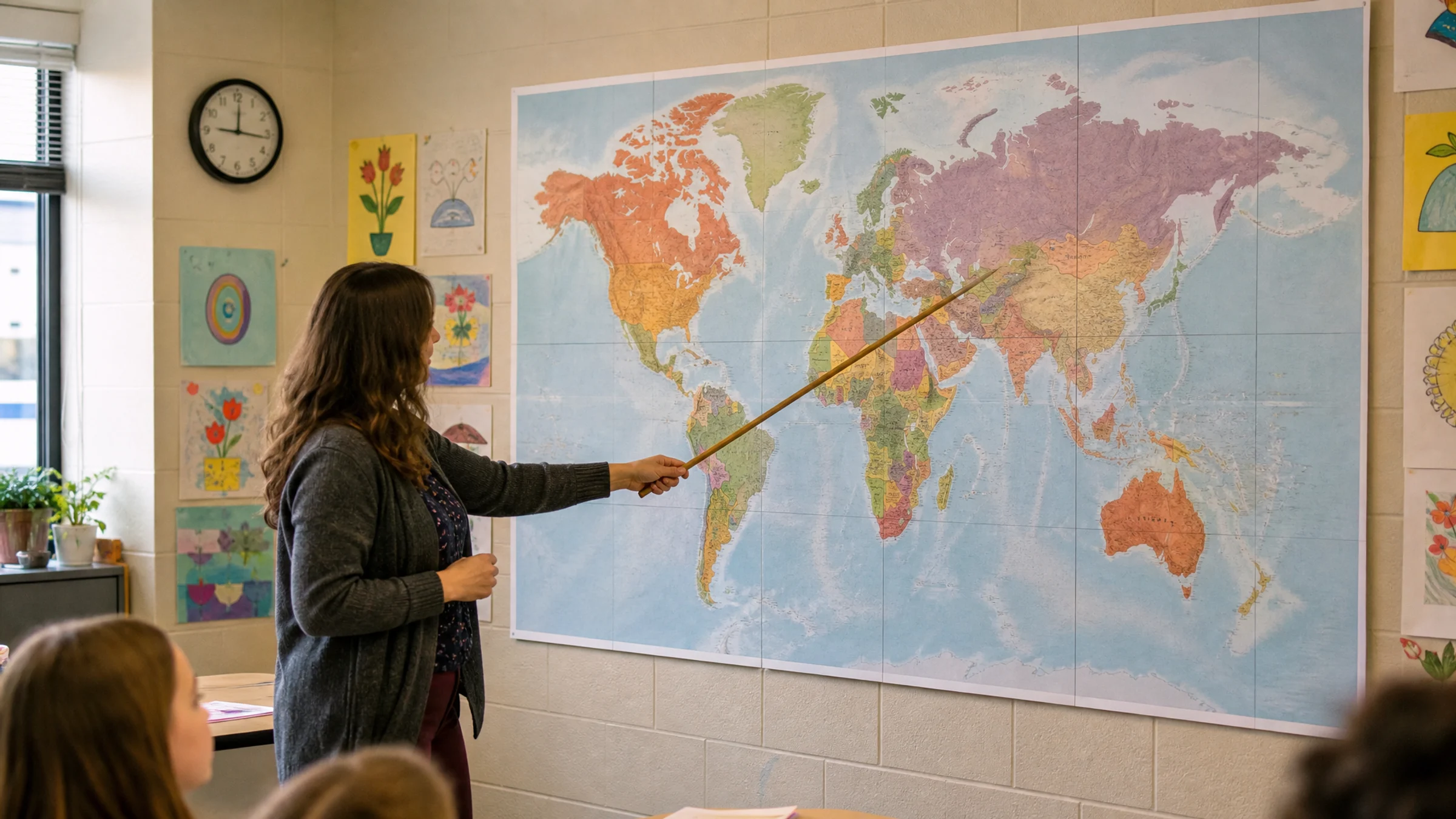 Um grande pôster de mapa-múndi para sala de aula instalado onde os alunos conseguem lê-lo.