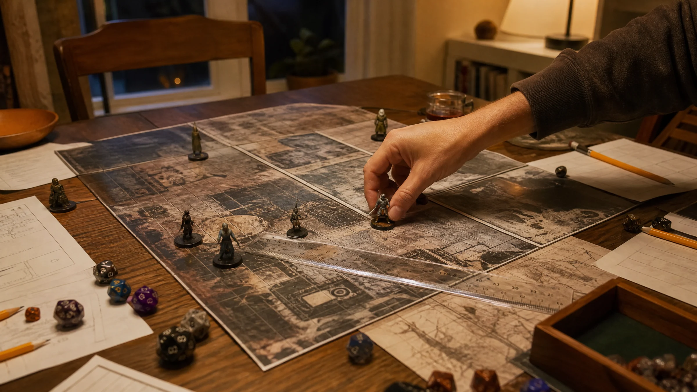 An assembled Dungeons and Dragons battle map being checked with miniatures and a ruler.