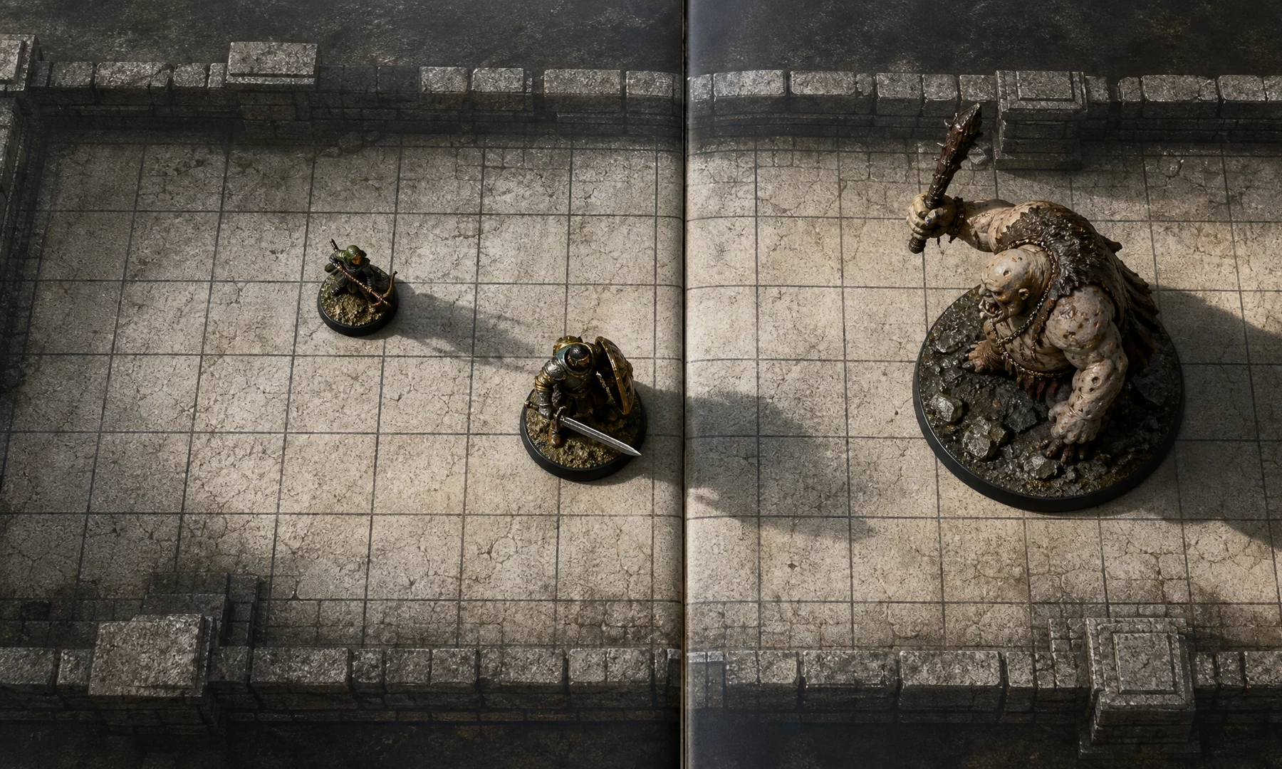 A tiled D&D battle map grid assembled from printer pages with seams aligned.
