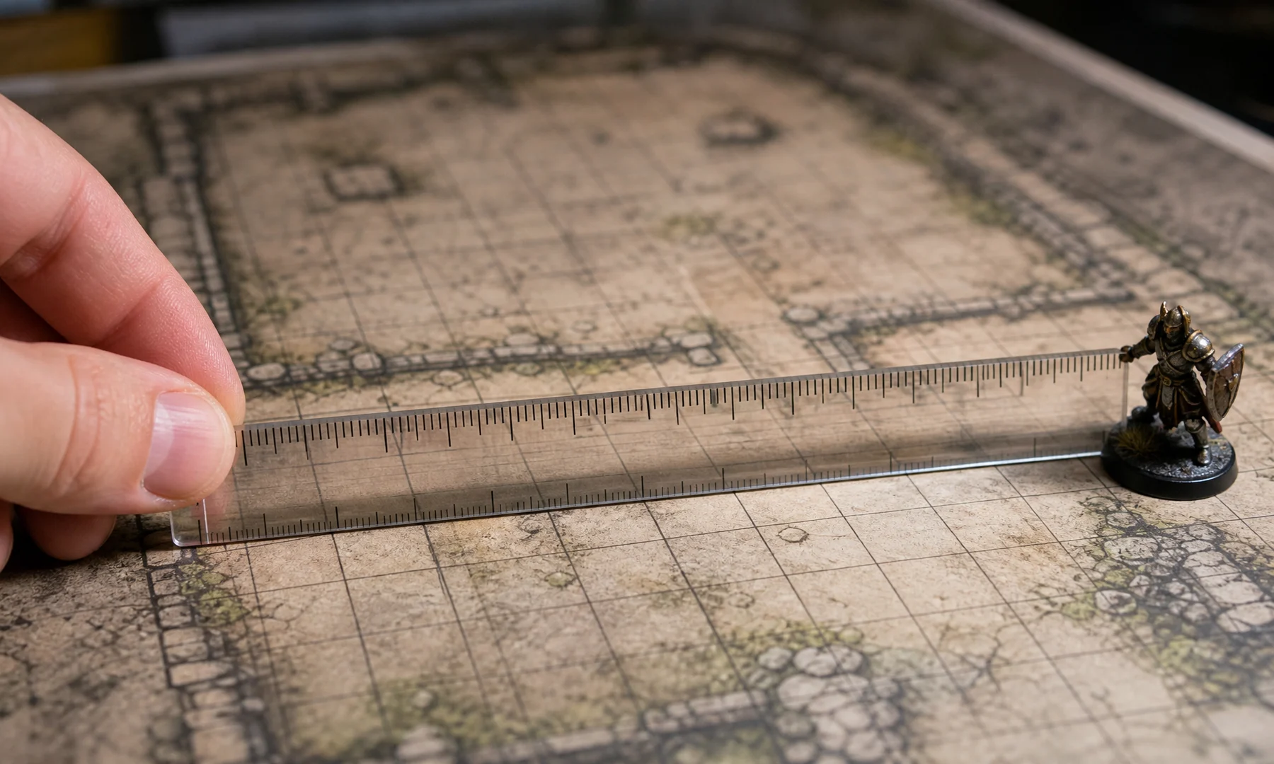 A ruler checking that ten printed battle map grid squares measure ten inches.