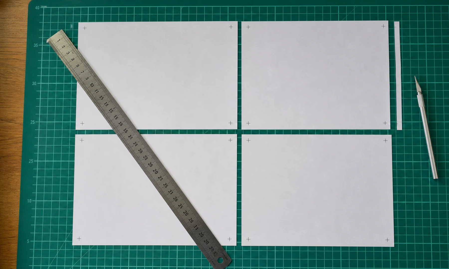 Um layout de pôster em mosaico A4 mostrando quais bordas das páginas devem ser cortadas antes da montagem.