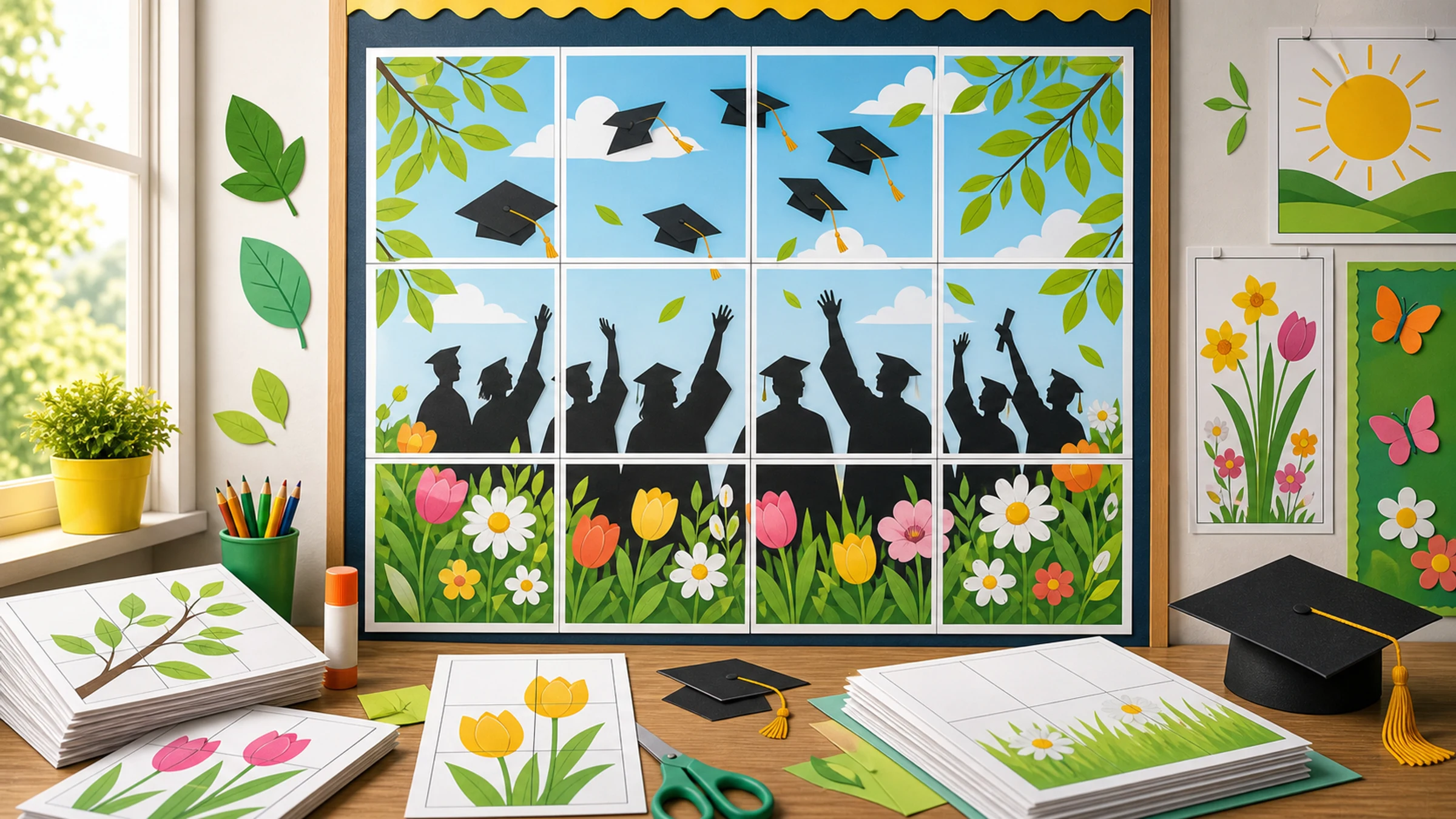 Un affichage scolaire de mai avec des pages d’affiche de remise de diplômes prévues pour un panneau de classe.