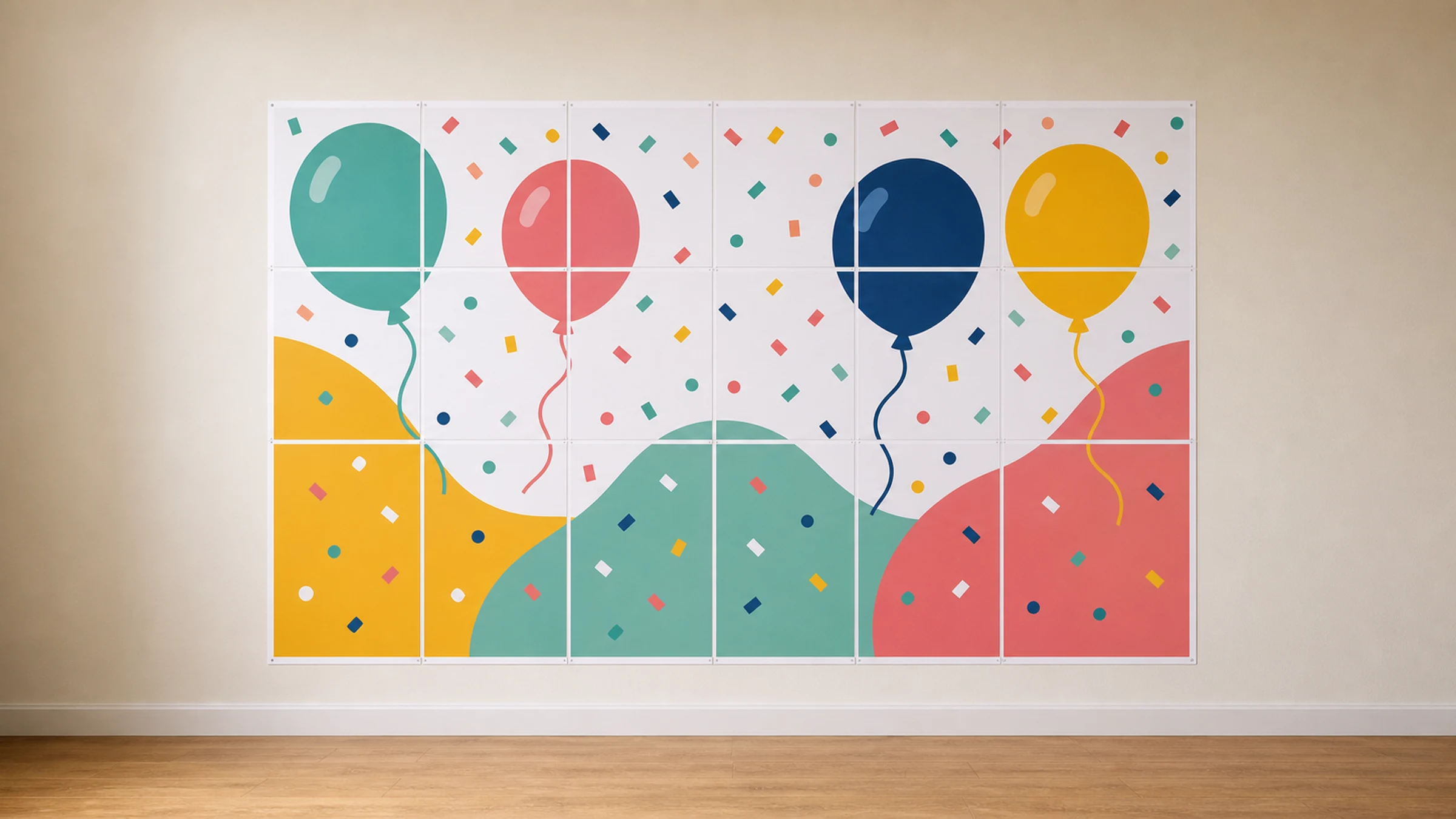 A colorful party backdrop assembled from a grid of printed A4 pages.