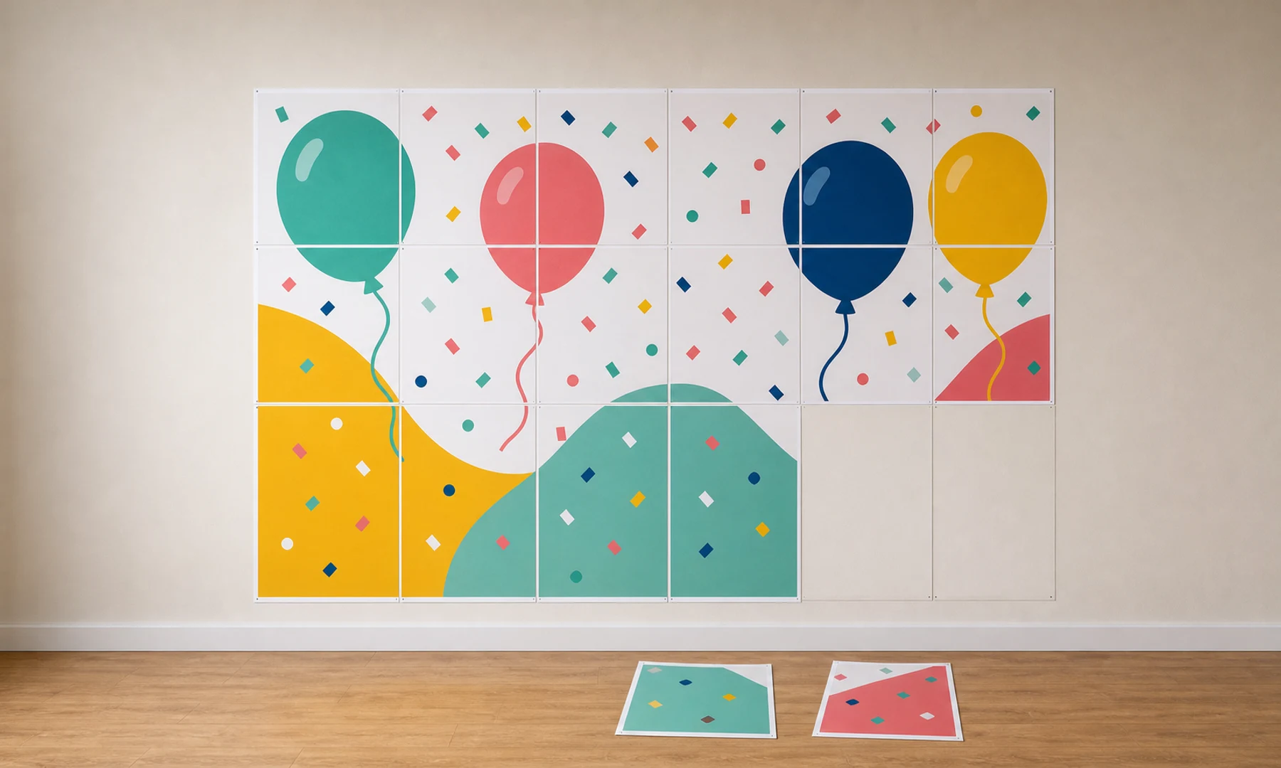 Printed A4 sheets arranged into a larger event backdrop before mounting.