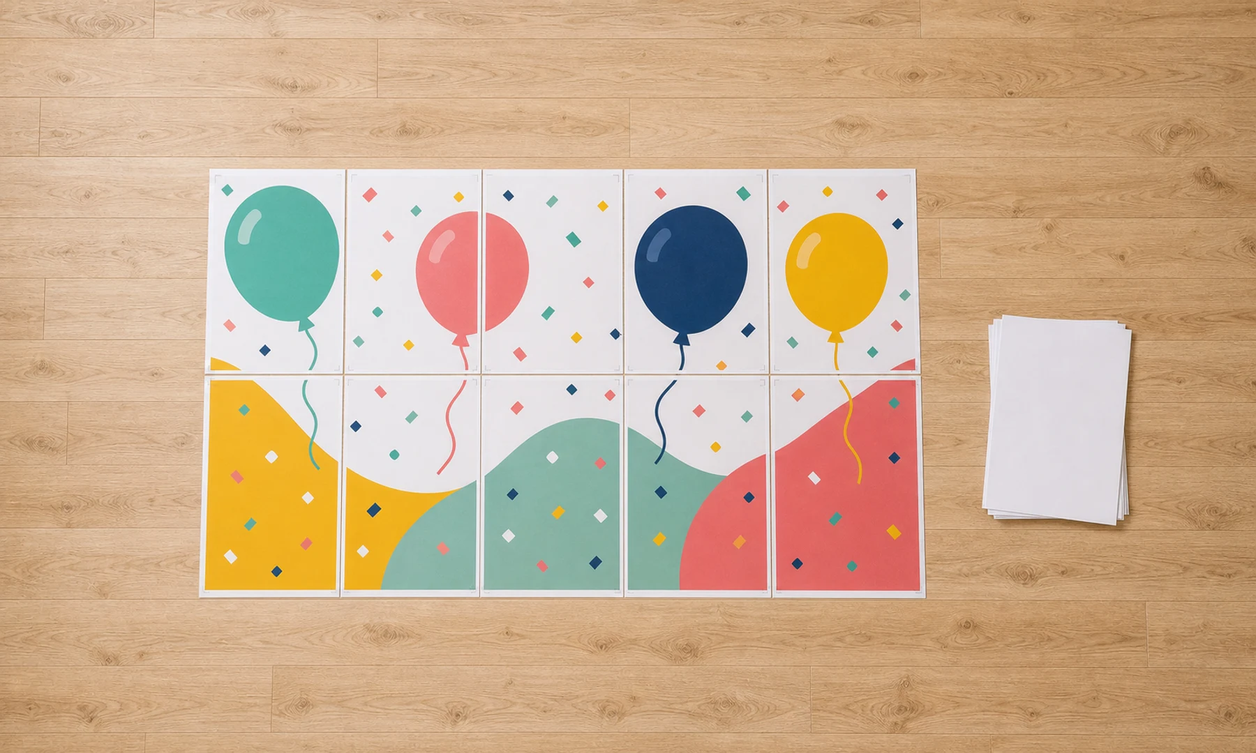 A party backdrop size plan with page grid and paper stack.