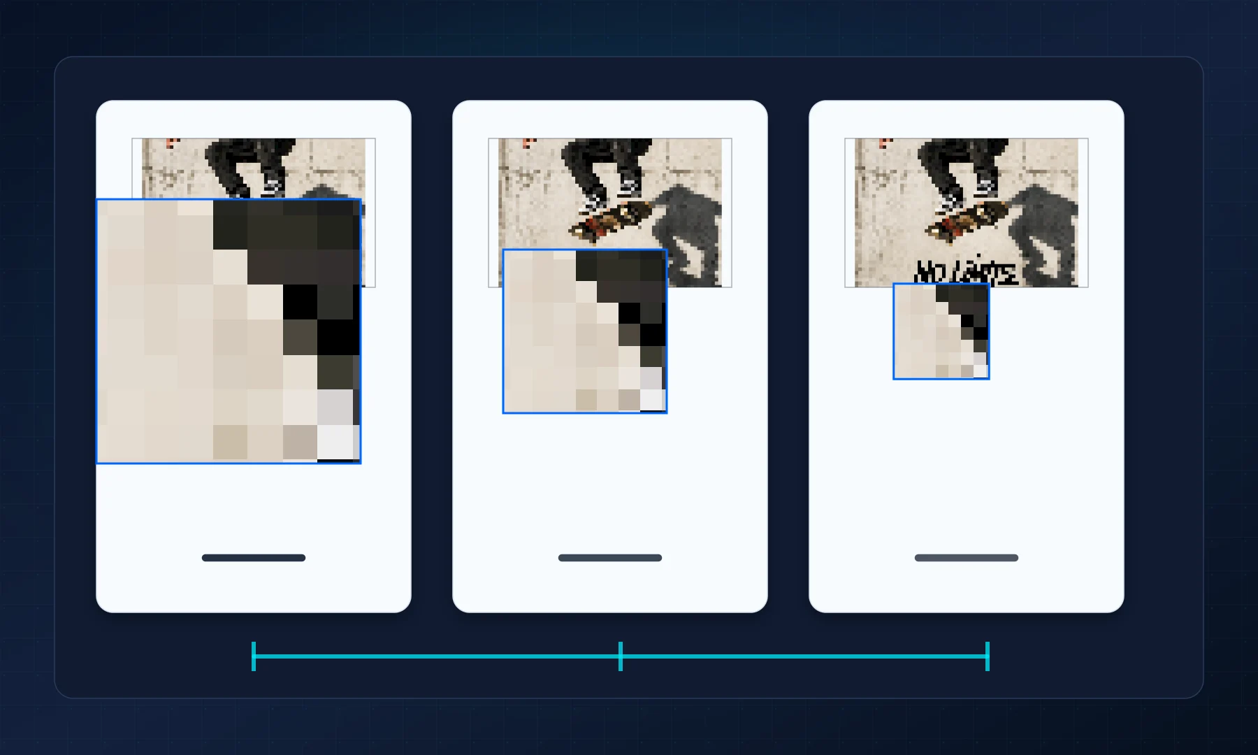 Three poster detail panels showing how the same image looks from close range, desk distance, and wall distance.