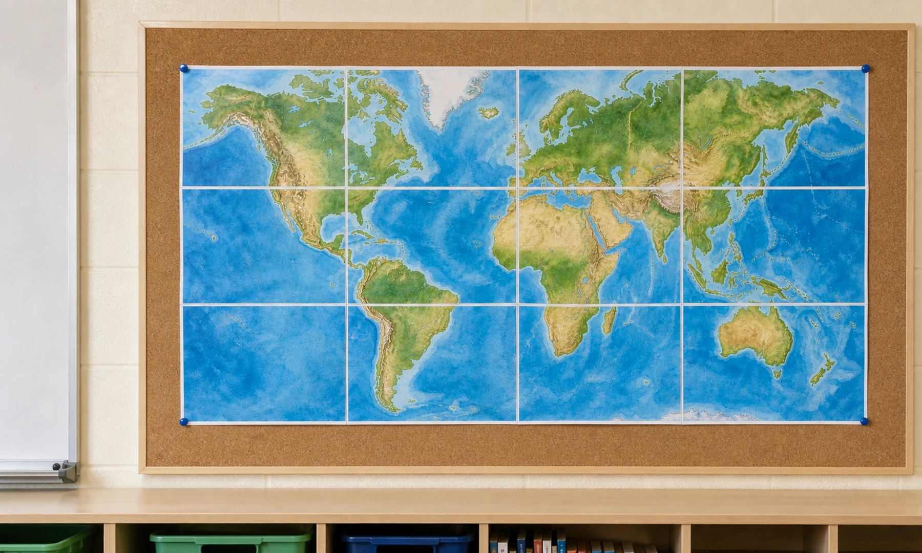 Una mappa del mondo assemblata e montata sulla parete di un’aula sopra un’area didattica.