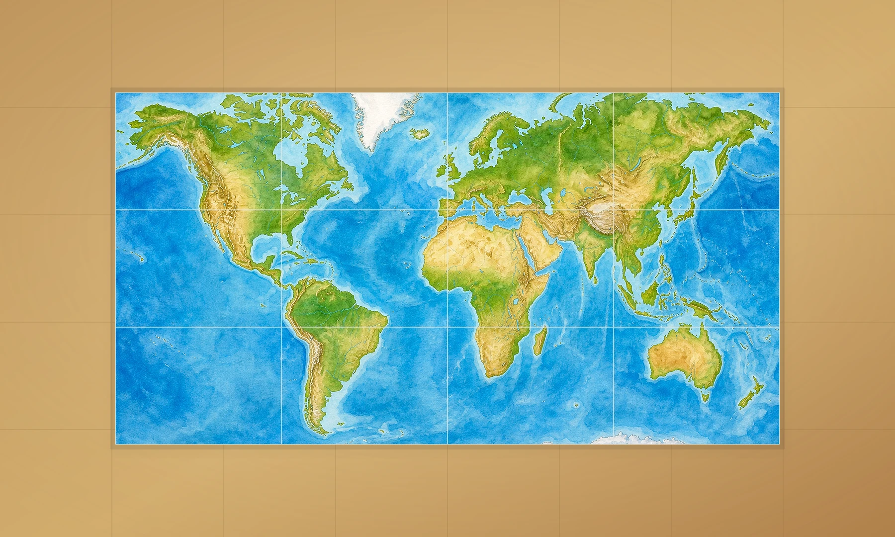 Schema di un poster con mappa del mondo pianificato come griglia di pagine da stampante.