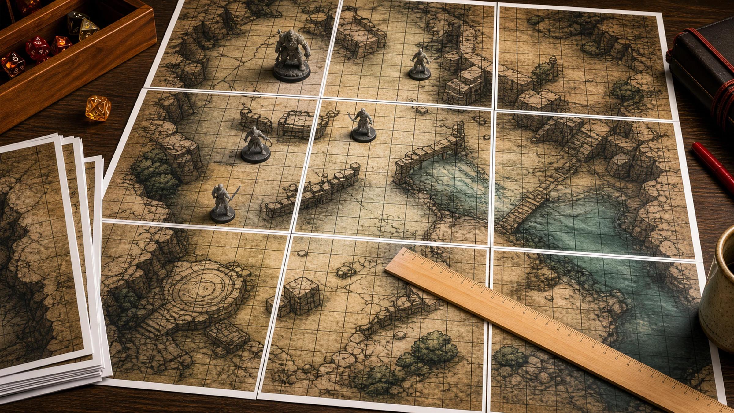 Um mapa de batalha de Dungeons and Dragons impresso e montado a partir de páginas comuns de impressora.