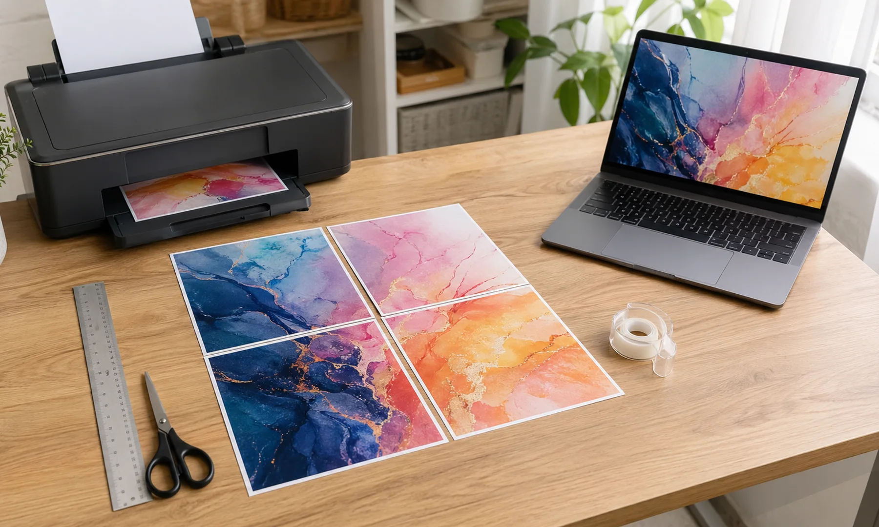 Four printed A4 sheets aligned on a desk with a ruler, scissors, and tape nearby.