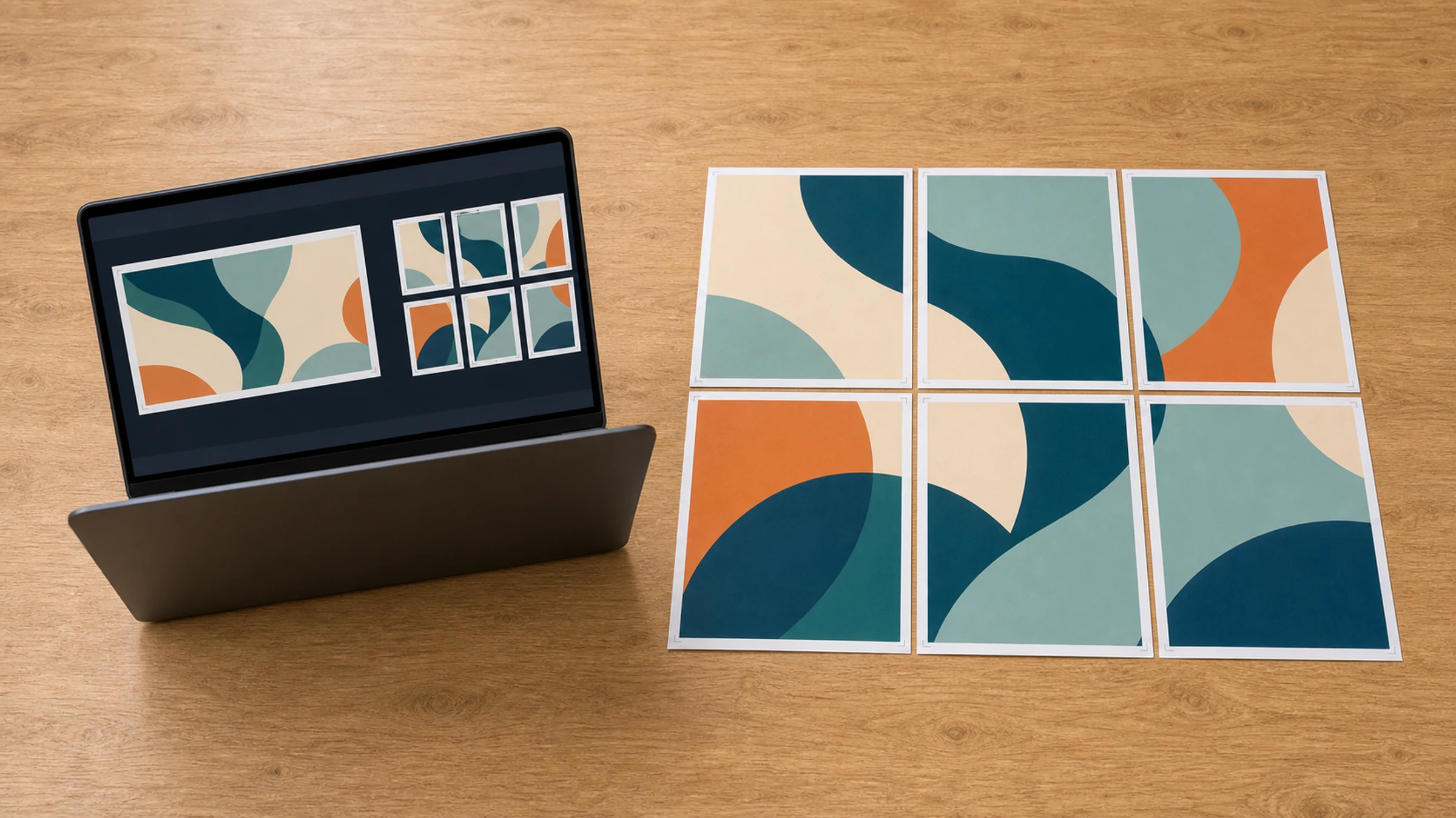 Un portátil con Windows enviando una imagen a una cuadrícula de páginas de póster en mosaico.