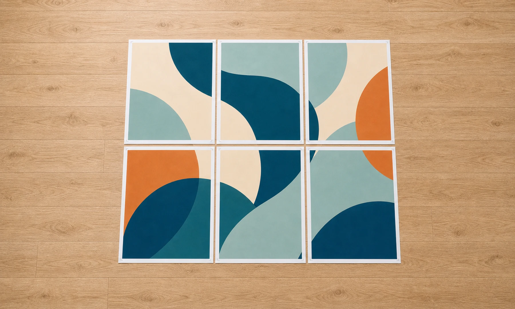 Páginas en mosaico colocadas con una regla y cinta antes de montar el póster.