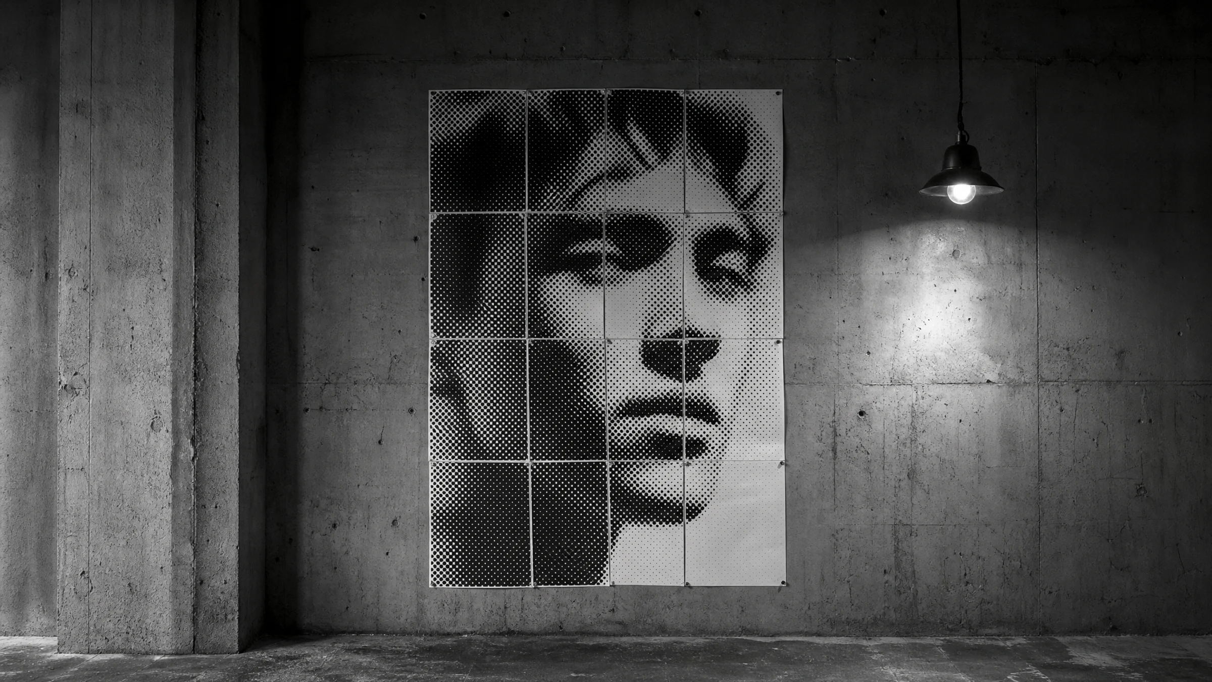 A beginner black-and-white halftone poster setup shown as tiled printed pages and dot controls.