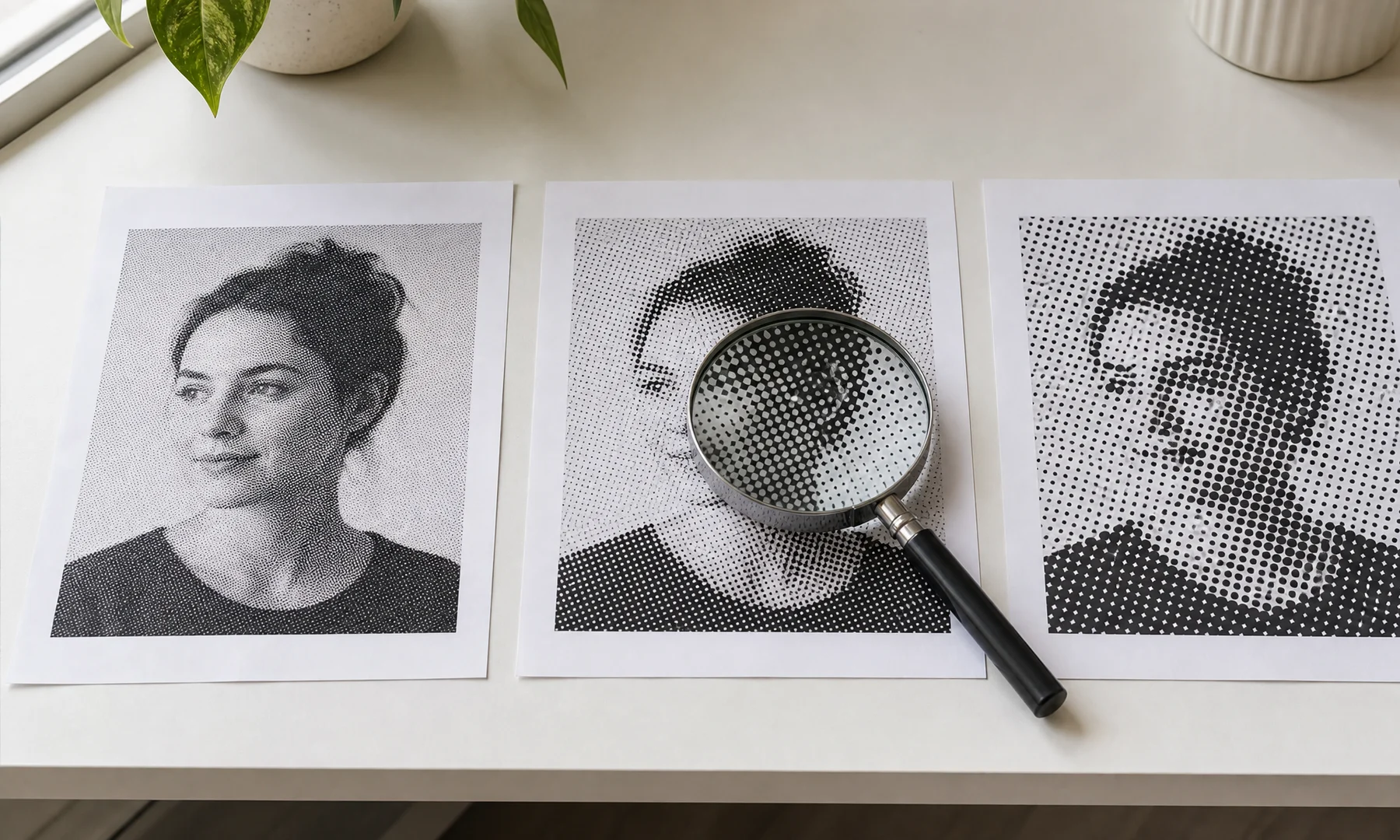 Starter settings for a classic black-and-white halftone poster with clear dot and page choices.
