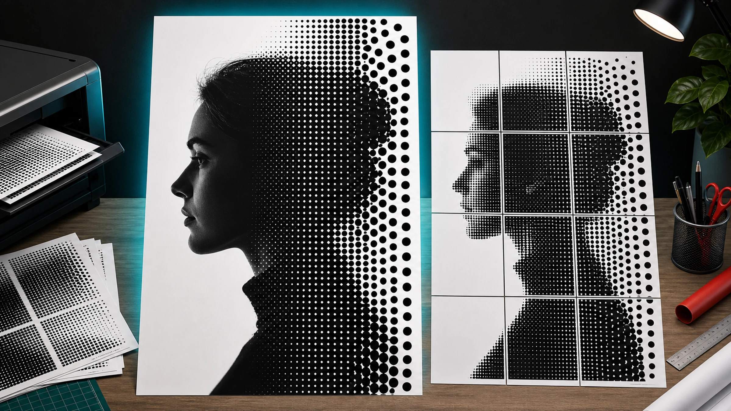 Un poster halftone in bianco e nero realizzato con grandi punti e pagine di stampa affiancate.